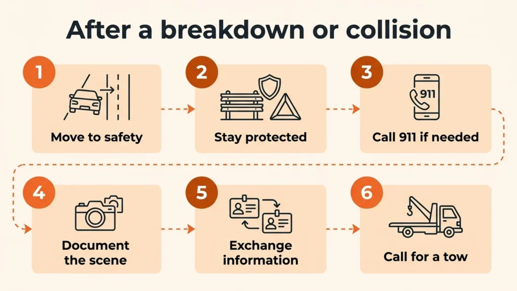Emergency Towing 2 Six steps after a breakdown or collision, from moving to safety to calling for a tow