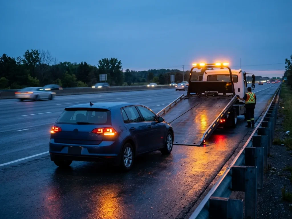 Emergency Towing 3 Illustration: flatbed tow truck pulling in behind a car stopped on a highway shoulder in the evening