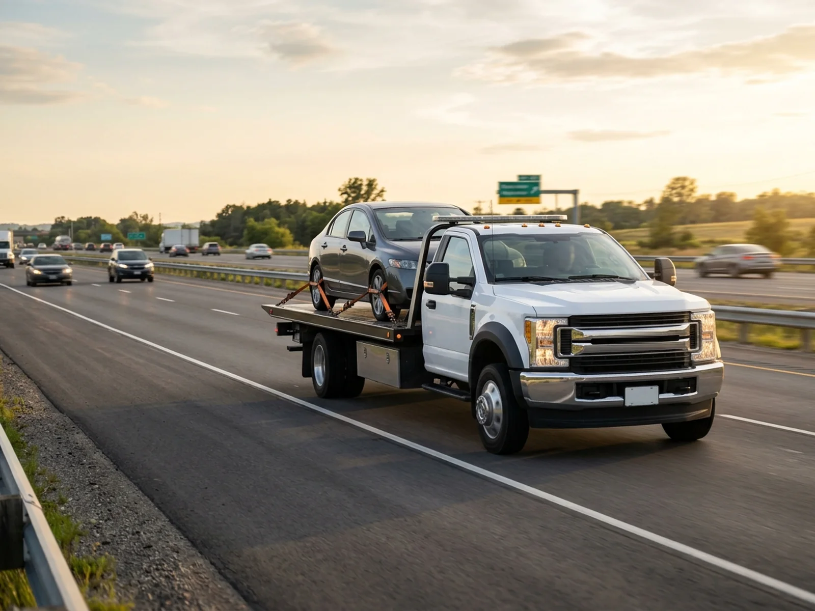 Illustration: flatbed tow truck carrying a sedan on an Ontario highway at dusk