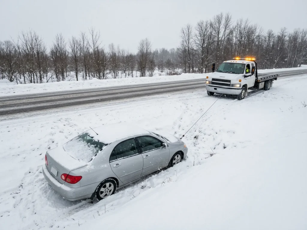 Emergency Towing 4 Illustration: flatbed tow truck winching a car out of a snowy roadside ditch