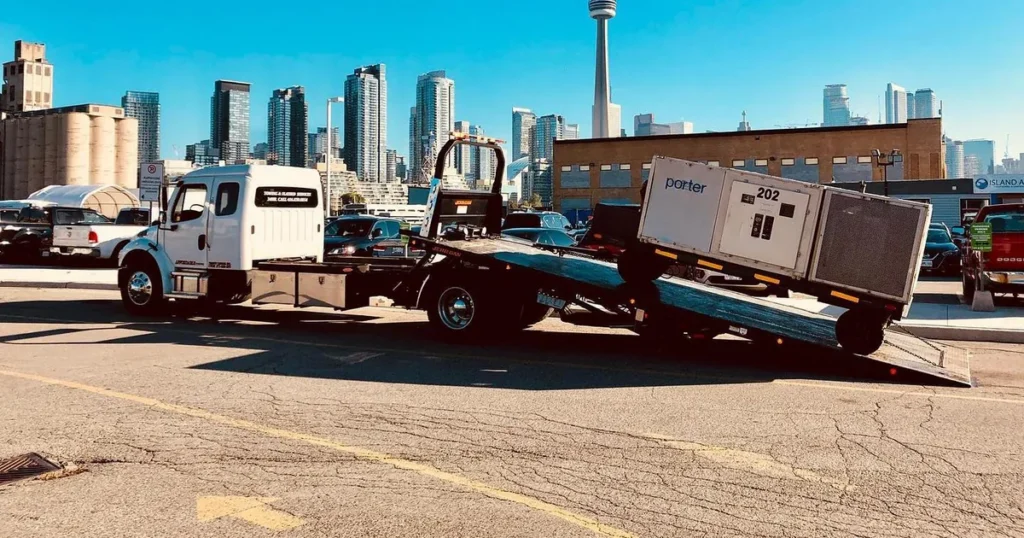 Service Areas 2 GTA Flatbed truck loading equipment on a tilted deck in front of the Toronto skyline and CN Tower