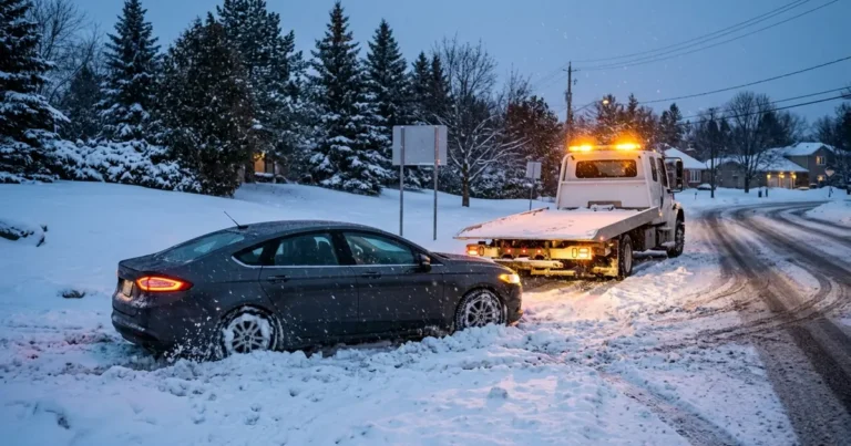 Car Stuck in Snow or in a Ditch on the 401? Winter Checklist 1 Illustration: sedan stuck in deep roadside snow at dusk with a white flatbed tow truck pulled over ahead